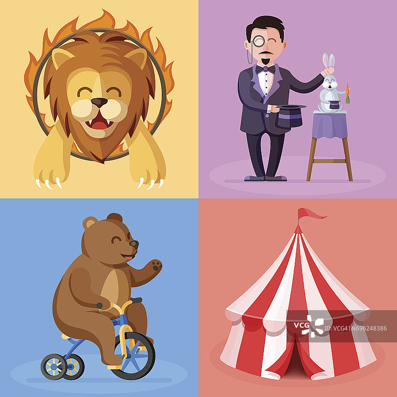 可爱的卡通风格设置与马戏团表演演员的角色。训练狮子，魔术师，熊在自行车和马戏团帐篷平矢量插图图片素材