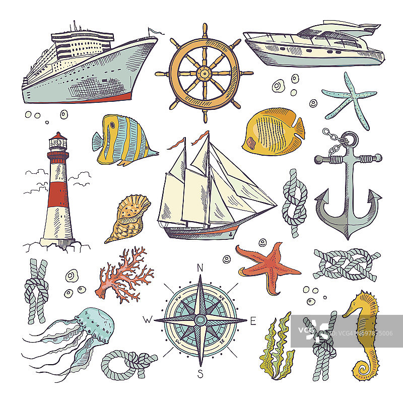 海洋着色涂鸦集不同的航海元素，指南针和灯塔。水下动物向量集图片素材