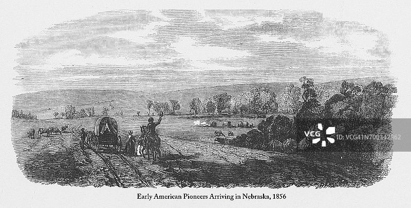 开拓者到达内布拉斯加州，早期美国维多利亚版画，1856年图片素材
