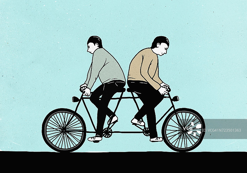 男性朋友骑双人自行车的相反方向的插图图片素材