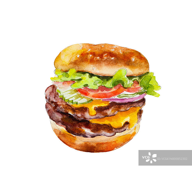 汉堡包与新鲜蔬菜，水彩插图孤立在白色背景。图片素材