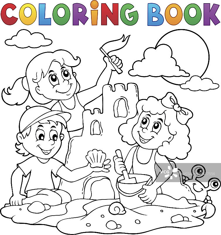 儿童涂色书和沙堡图片素材