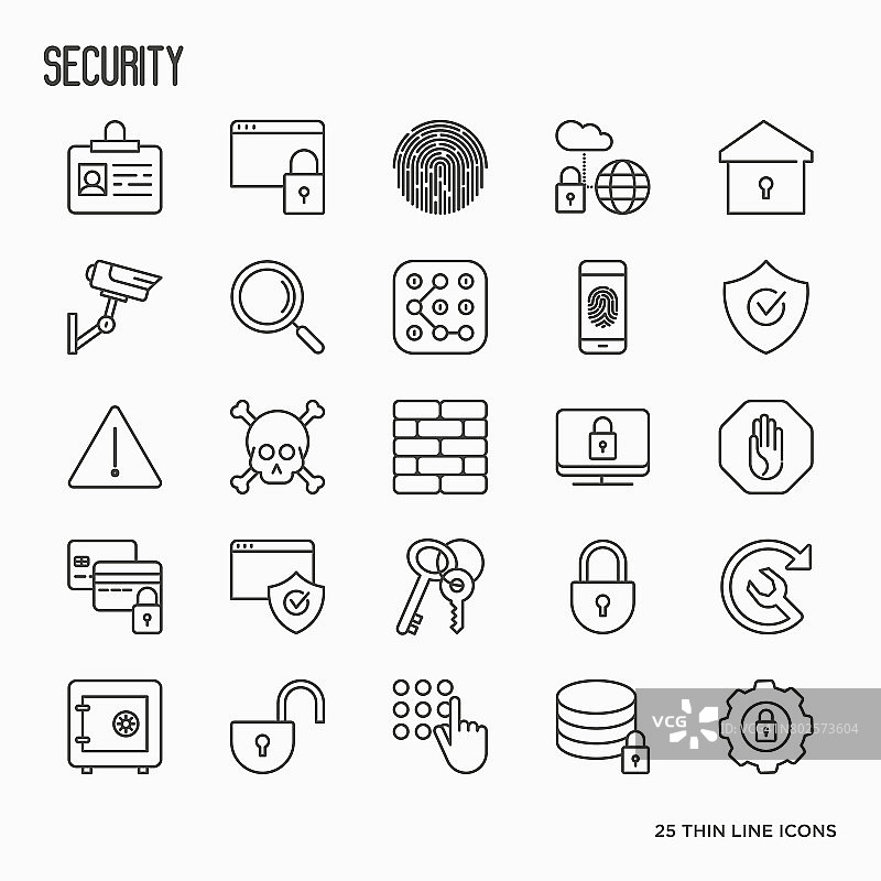 安全保护细线图标设置:数据、监控摄像头、指纹、电子钥匙、密码、报警、安全。矢量插图。图片素材
