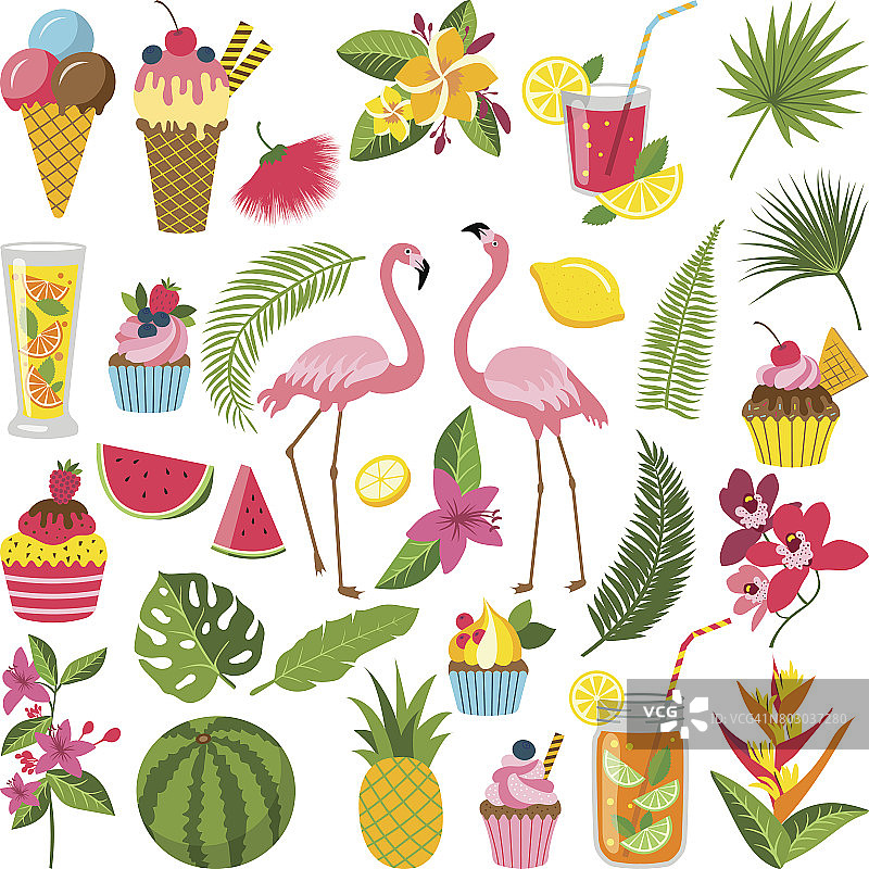 为热带派对设置夏季时间标签。不同的图标在平面风格。饮料、西瓜、柠檬水和火烈鸟图片素材
