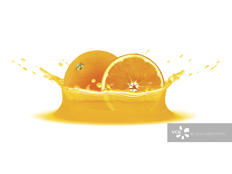 逼真的橙汁和切片。矢量图标。设计模板图片素材