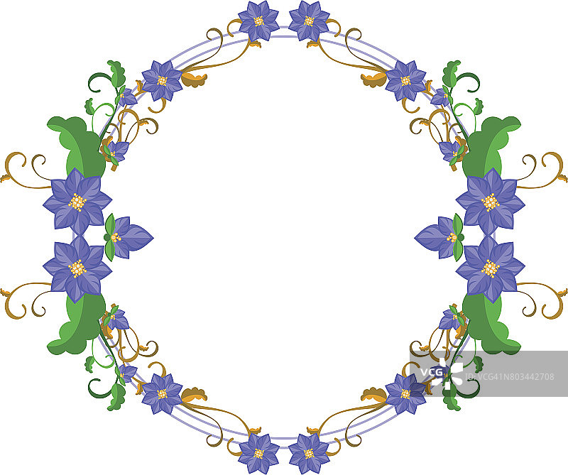 圆形装饰框架与抽象的蓝色花朵。向量剪贴画。图片素材