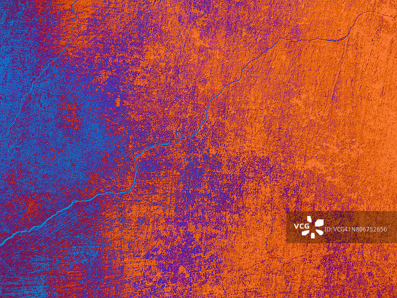 一堵旧墙的完整框架，剥落开裂，橙色和蓝色图片素材