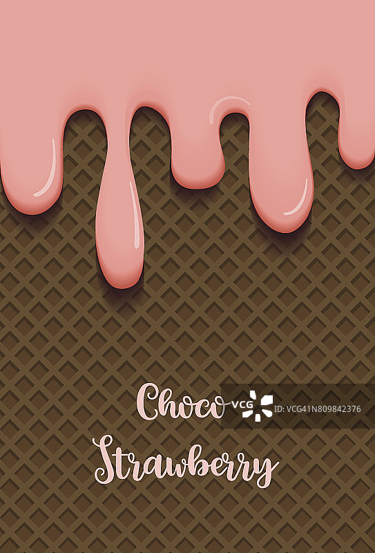 草莓奶油在巧克力威化的背景下融化。乔科省草莓刻字。矢量图图片素材