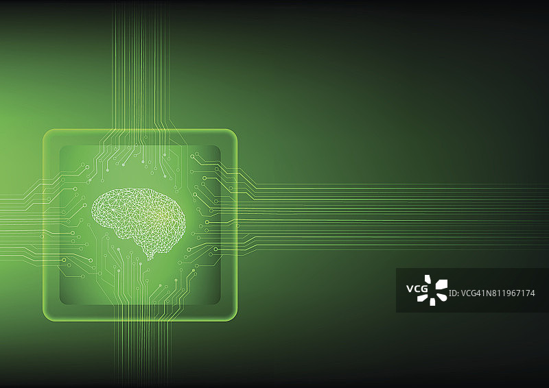 人工智能与微芯片上的绿色电路设计。图片素材