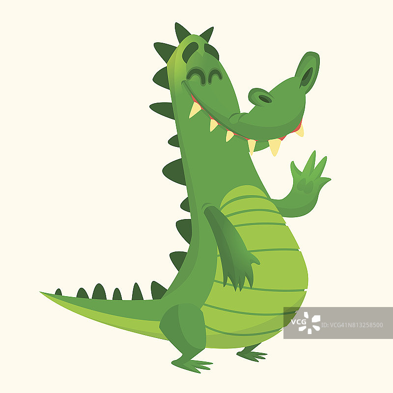 卡通害羞的鳄鱼微笑着挥手。矢量字符贴纸设计或装饰图片素材