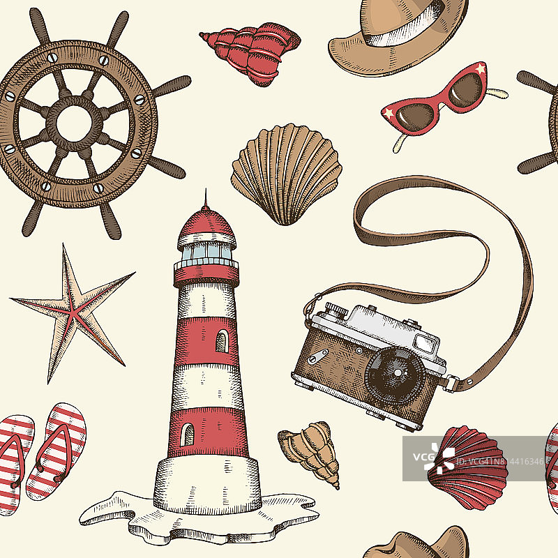 复古夏季航海无缝背景手绘车轮，灯塔，帽子，太阳镜，人字拖，贝壳，相机。图片素材