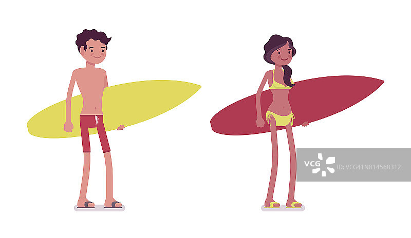 年轻的男人，穿着夏日海滩装的女人，拿着冲浪板图片素材