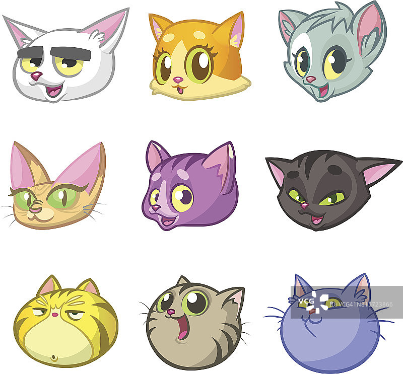 卡通插图不同的快乐猫头概述。集。矢量包彩色的猫图标。卡通斯芬克斯，缅因猫，暹罗猫，英国和国内图片素材