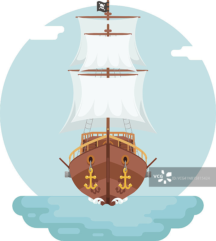 前视图木制海盗海盗阻挠海盗海狗船游戏图标孤立平面设计矢量插图图片素材