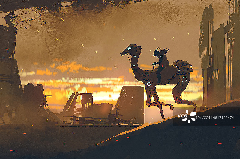 在末日城市里骑着未来派骆驼的人图片素材