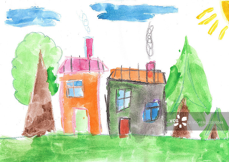 孩子的画。乡村别墅和树木图片素材