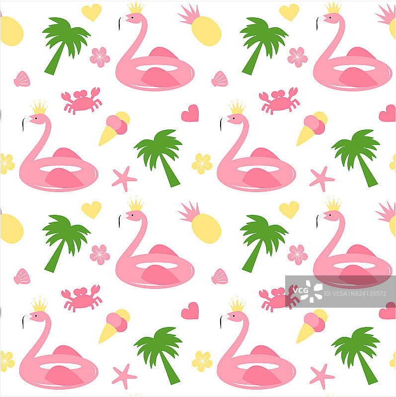 可爱的火烈鸟浮动无缝矢量图案背景插图与棕榈树，冰淇淋，螃蟹，菠萝，贝壳，海星和花图片素材