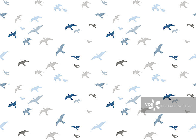 海鸥的轮廓形成无缝的图案。一群飞鸟，蓝灰色半音剪影。海鸥可爱画小鸟矢量包装纸可爱设计面料纺织，孤立的白色背景。图片素材