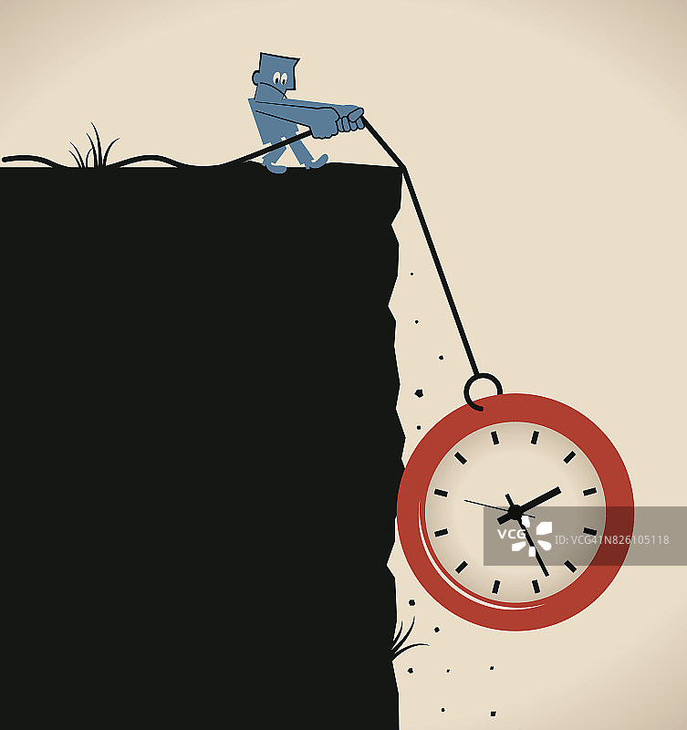 拿回你的时间，一个商人(拖着绳子)在悬崖上拖着时钟，时间压力和时间管理理念图片素材
