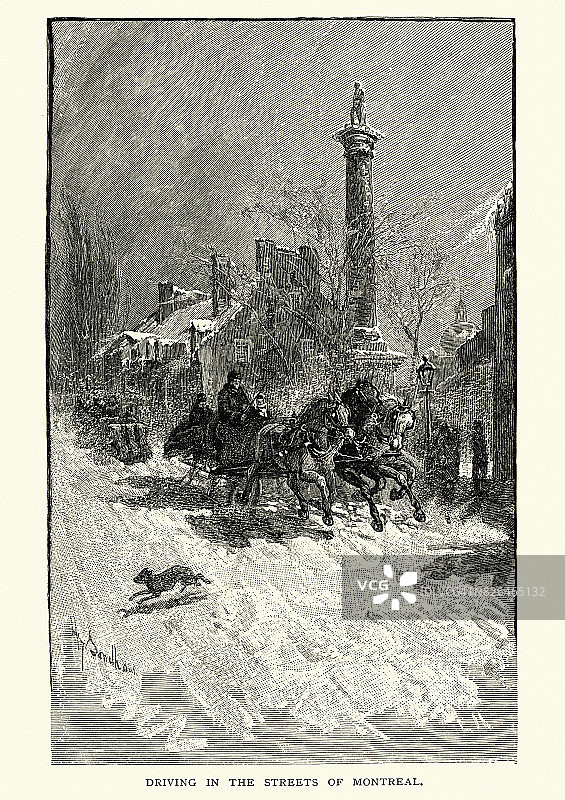 19世纪，在蒙特利尔的冬季街道上驾驶雪橇图片素材