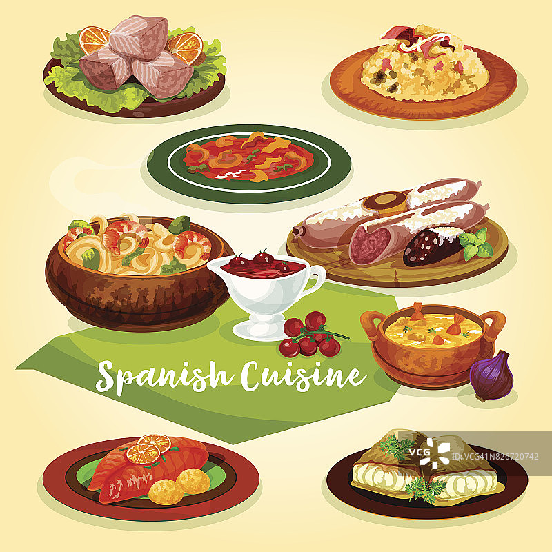 西班牙菜肴肉和鱼的卡通图标图片素材