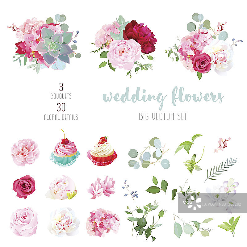 盛开的婚礼鲜花，美味的纸杯蛋糕和叶大矢量c图片素材