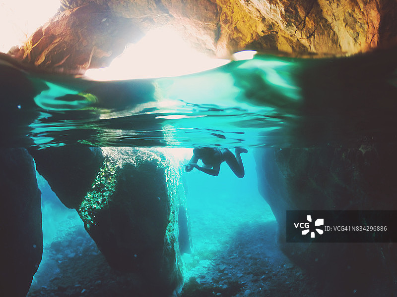暑假期间，在地中海布拉瓦海岸的一个天堂般的地方，女孩在水下呼吸管探索自然洞穴，用圆顶罩和水下景色拍照。图片素材