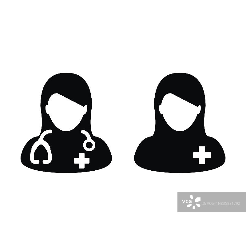 女医生图标与病人为医疗助理字形象形图图片素材