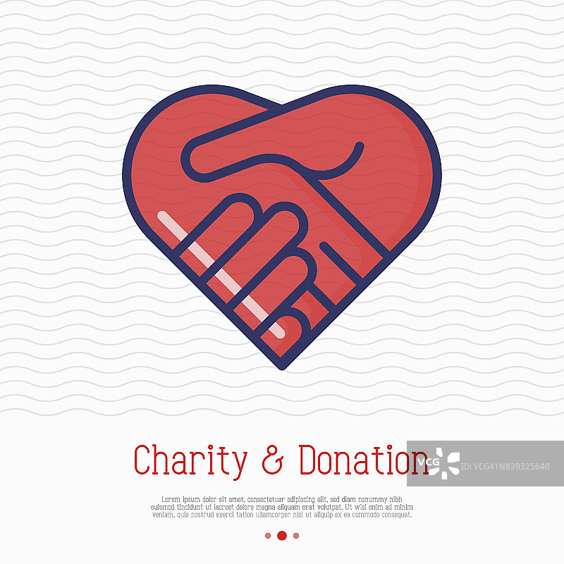 双手呈心形细线状的图标。握手，象征善意、捐赠和慈善。矢量插图。图片素材
