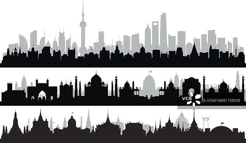 上海、德里和曼谷(每座建筑都是完整的，可移动的)图片素材