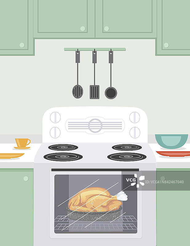 用复古烤箱烤火鸡。绿色厨房图片素材