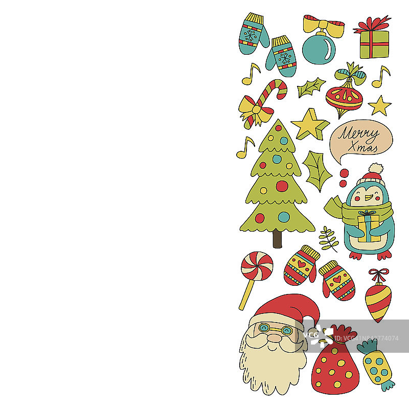 圣诞圣诞新年圣诞图标为背景，装饰，图案，卡片，装饰物Doodle圣诞树与灯和球新年庆祝和派对与熊和圣诞老人图片素材
