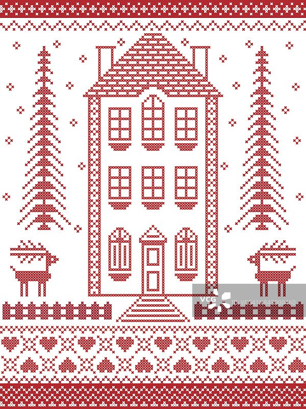 北欧风格，受北欧圣诞图案启发，在红色和白色十字绣包括姜饼屋，雪花，心，栅栏，装饰无缝华丽的图案图片素材