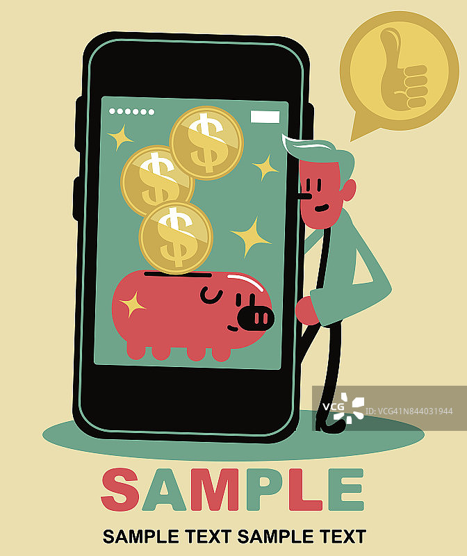 商人拿着一个巨大的手机(智能手机)，小猪储蓄罐上用美元标志硬币上的货币显示在屏幕上图片素材