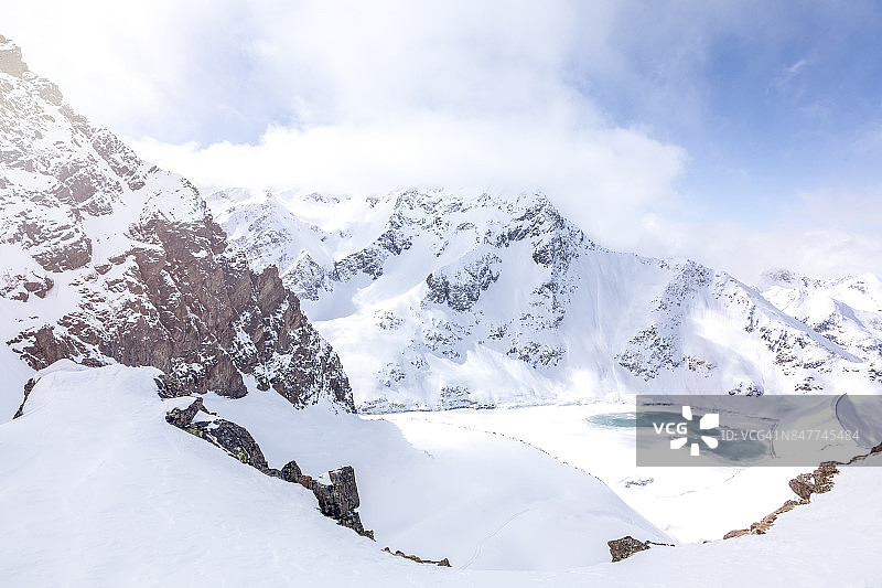 雪山和冰湖的全景图片素材