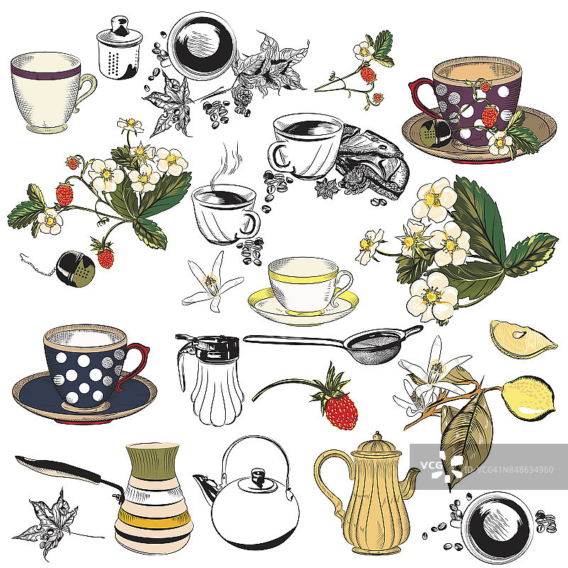 矢量套手绘元素杯，茶壶等为复古设计图片素材