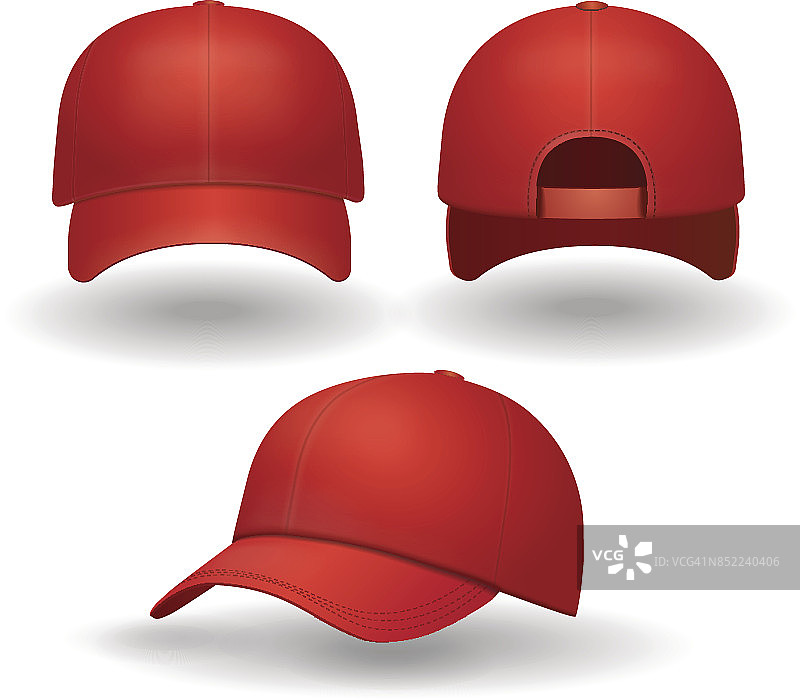现实的红色棒球帽集。背面，正面和侧视图孤立的3d矢量插图图片素材