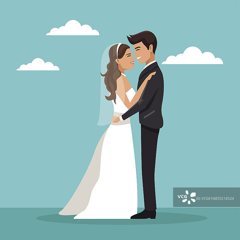 彩色天空景观背景用新婚夫妇的拥抱和幸福的表达图片素材