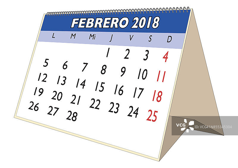 2018年2月西班牙台历2018年2月图片素材
