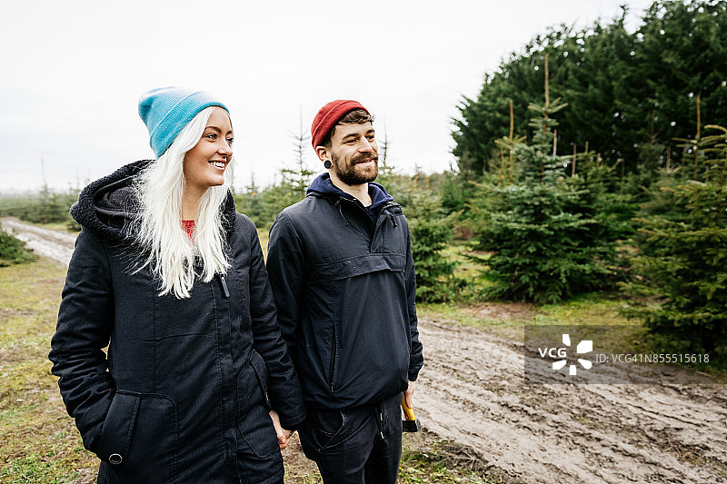 一对年轻夫妇穿过松树林寻找圣诞树图片素材