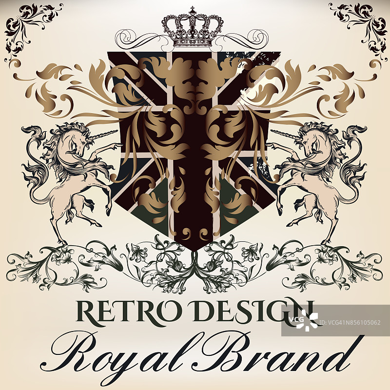 皇家纹章设计的象征类型在古董风格与皇冠，独角兽马和装饰。女王的风格图片素材