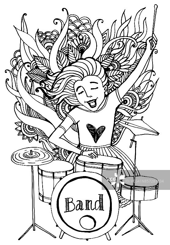 鼓手感情的女孩。女孩在敲鼓。背景中的装饰装饰图片素材