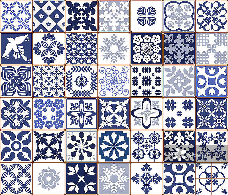 蓝色葡萄牙瓷砖图案-阿祖霍斯矢量，时尚的室内设计瓷砖图片素材