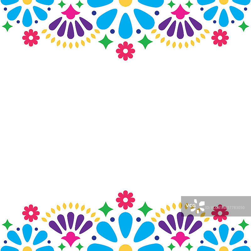 墨西哥民间矢量婚礼或派对邀请，鲜花快乐贺卡，彩色设计与花卉和抽象的形状图片素材