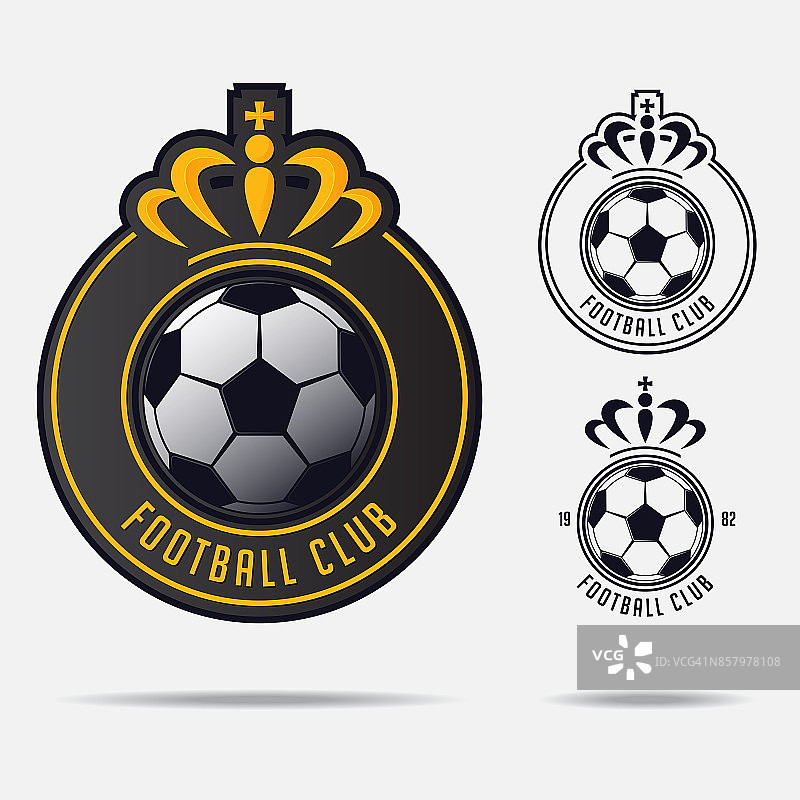 足球徽章或足球徽章设计的足球队。金冠简约设计，经典足球。足球俱乐部的黑白图标。向量。图片素材