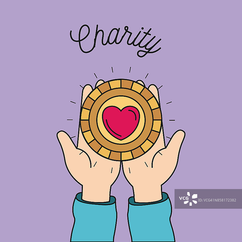 彩色图像背景手握在手心的一枚金币与爱心形状的慈善象征图片素材