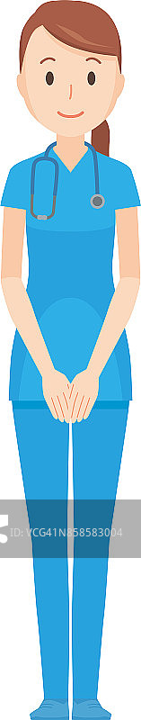插图站在一个穿着蓝色磨砂服的护士面前图片素材