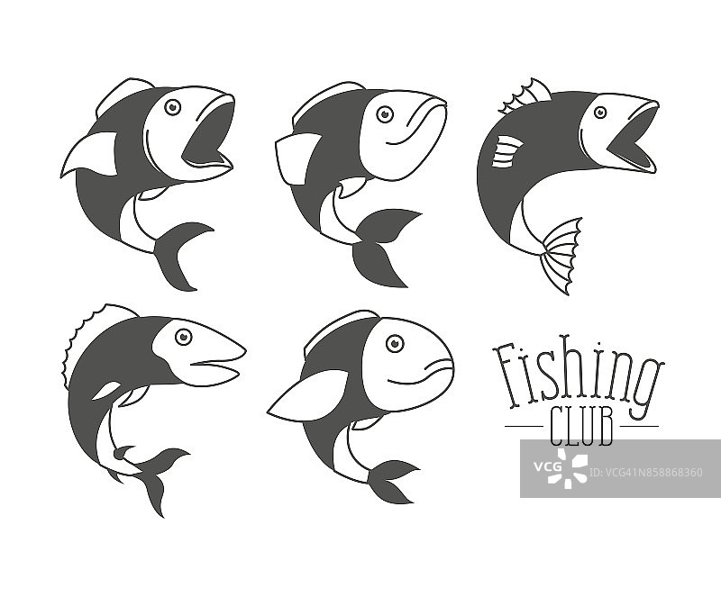 单色剪影类型鱼和标志文字钓鱼俱乐部图片素材