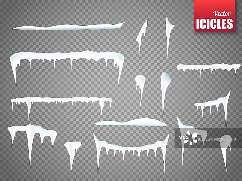 一组雪冰柱孤立在透明的背景。向量图片素材