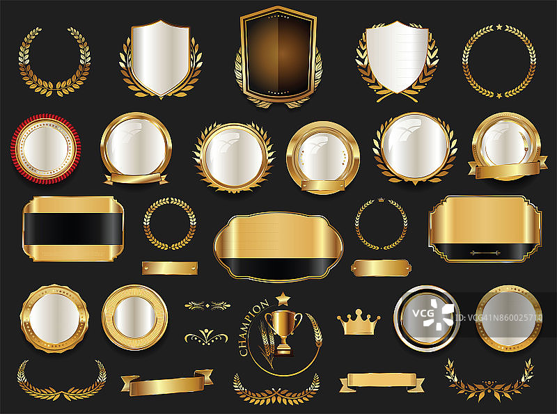 金和银盾，月桂花环和徽章收藏图片素材